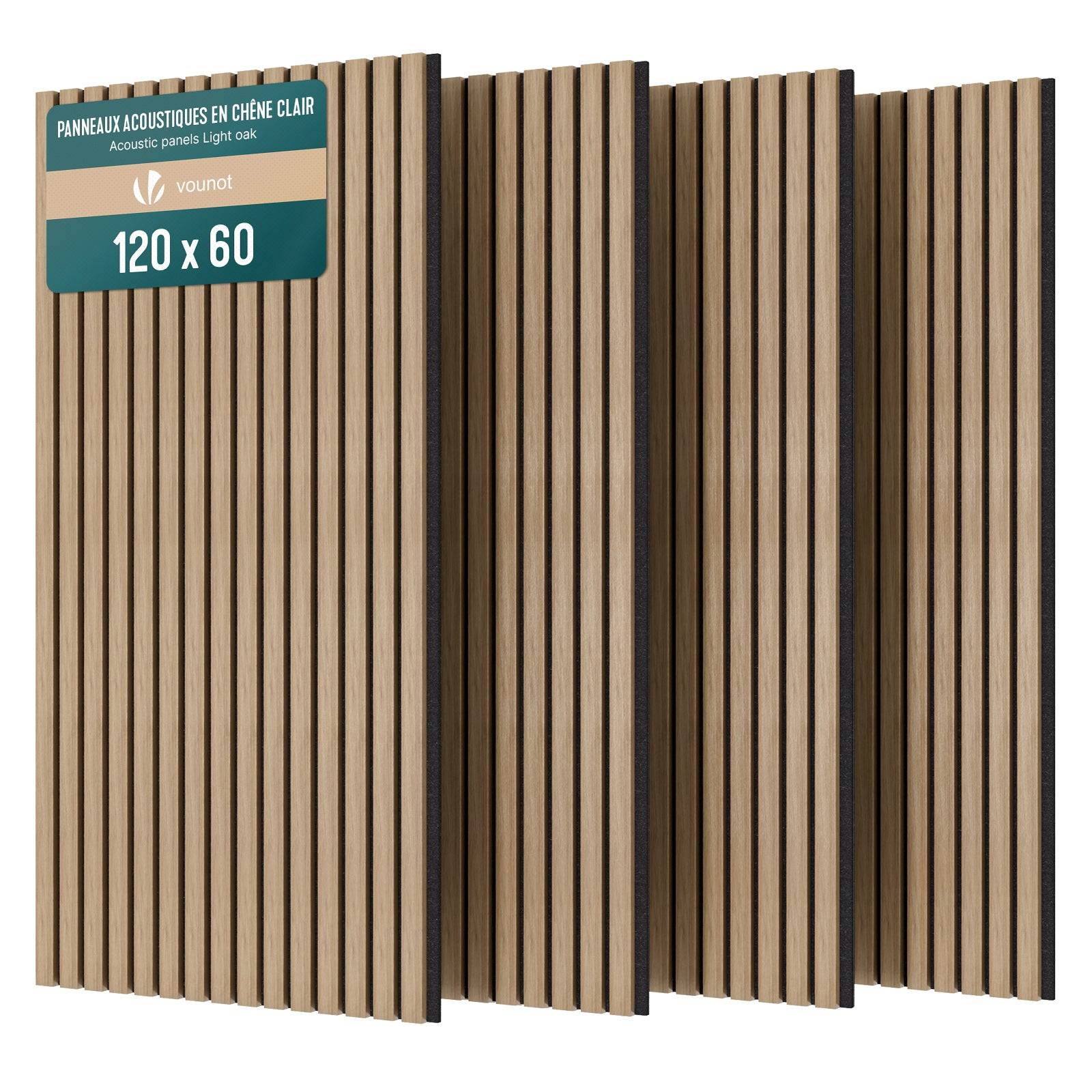Vounot - Lot de 4 panneaux acoustiques muraux Tasseaux en bois MDF avec feutre noir 120x60x2.1cm chêne clair - Image 1