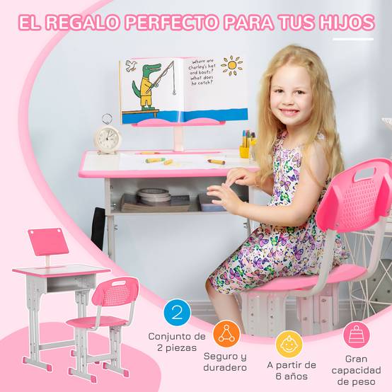 Bureau et chaise pour enfant à partir de 6 ans, hauteur réglable, avec 1 tiroir et une étagère, 60 x 45 x 90-102 cm, rose - Image 6