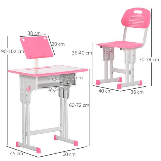 Bureau et chaise pour enfant à partir de 6 ans, hauteur réglable, avec 1 tiroir et une étagère, 60 x 45 x 90-102 cm, rose - Image 5