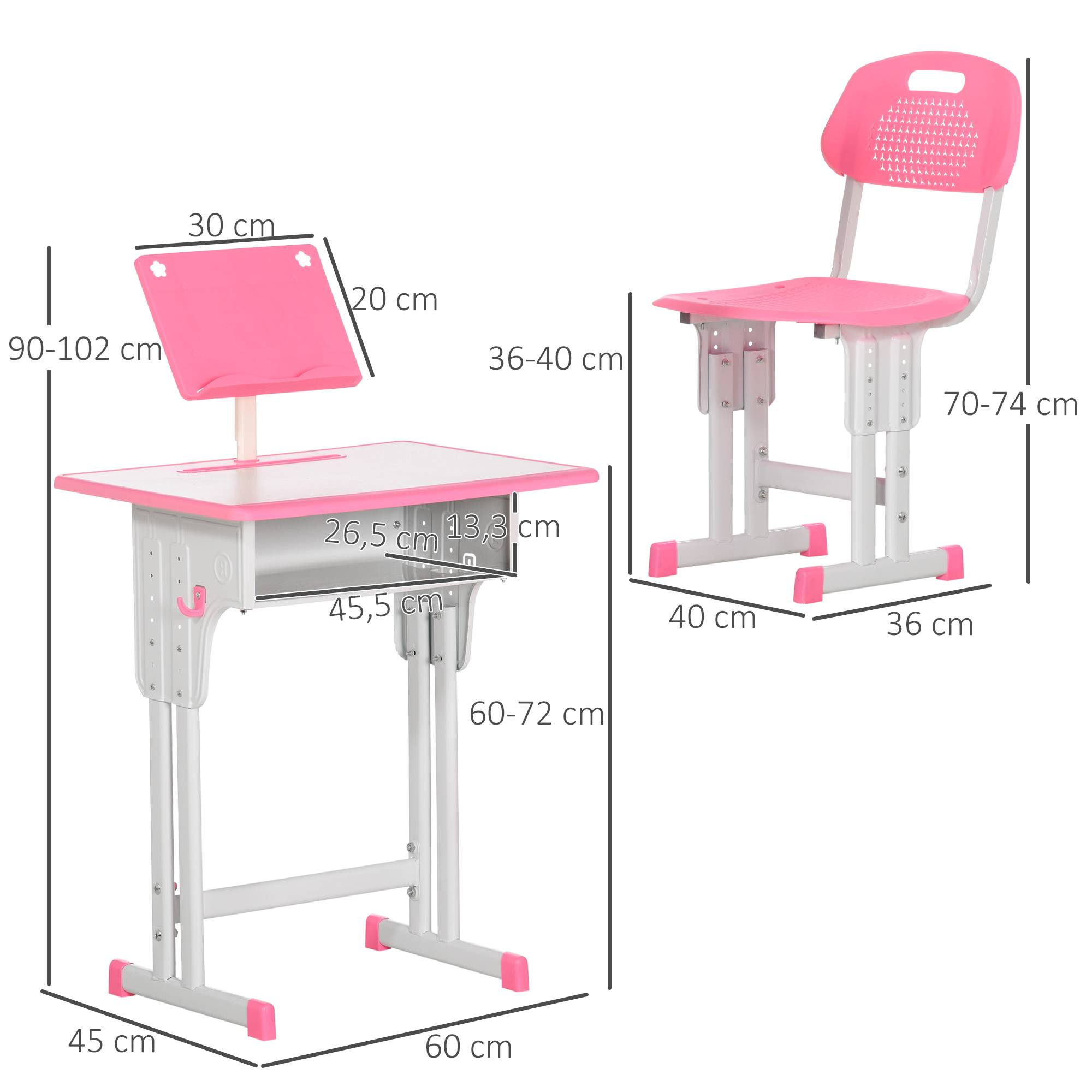 Bureau et chaise pour enfant à partir de 6 ans, hauteur réglable, avec 1 tiroir et une étagère, 60 x 45 x 90-102 cm, rose - Image 5