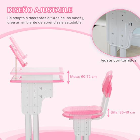 Bureau et chaise pour enfant à partir de 6 ans, hauteur réglable, avec 1 tiroir et une étagère, 60 x 45 x 90-102 cm, rose - Image 8