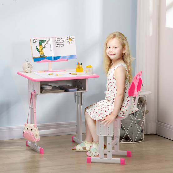 Bureau et chaise pour enfant à partir de 6 ans, hauteur réglable, avec 1 tiroir et une étagère, 60 x 45 x 90-102 cm, rose - Image 3