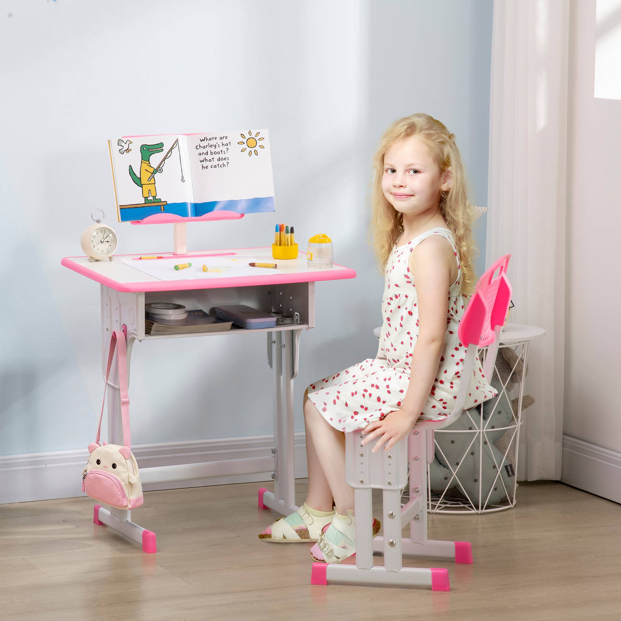 Bureau et chaise pour enfant à partir de 6 ans, hauteur réglable, avec 1 tiroir et une étagère, 60 x 45 x 90-102 cm, rose - Image 3