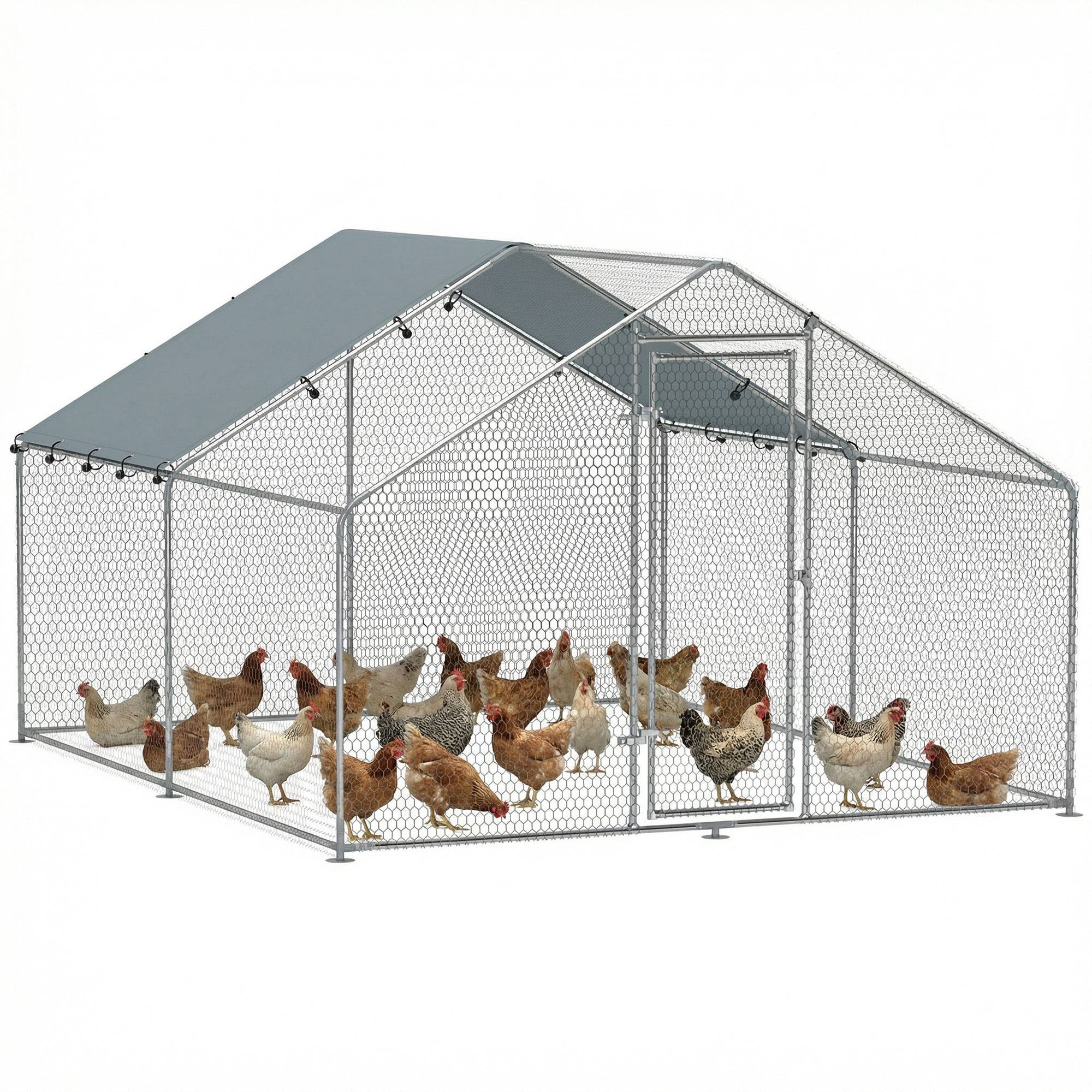 Grand poulailler en métal (3 x 3,4 x 1,9 m) avec housse imperméable et résistante aux UV, couleur argent. - Image 1