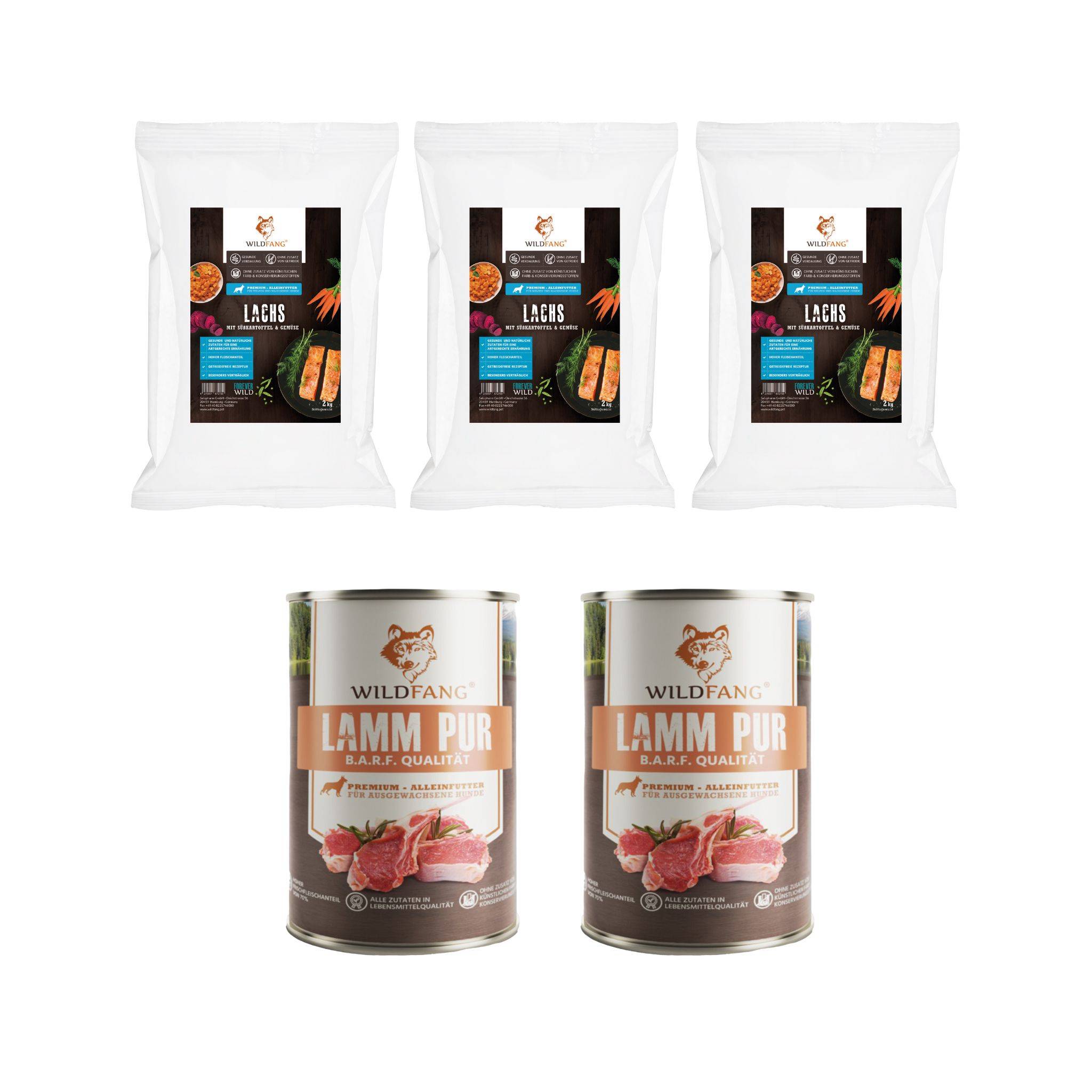 Wildfang - Wildfang - Coffret gourmand Chiot - Aliments secs et humides - 3 sachets de croquettes au saumon / 2 sachets de pâtée à l'agneau - Image 1