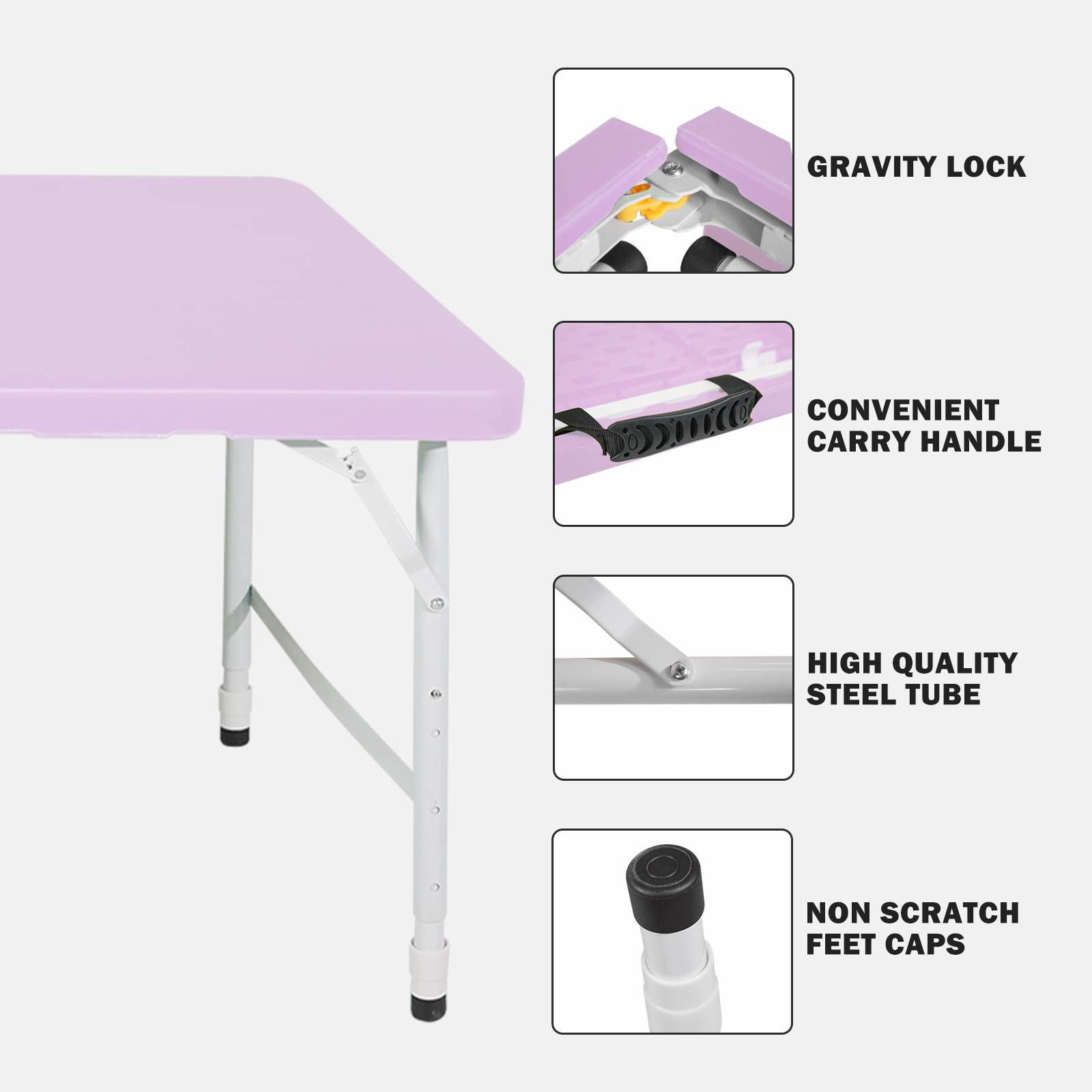 Table pliante robuste 125cm, portable avec poignée, multifonctionnelle camping intérieur extérieur, charge 135kg (violet) - Image 2
