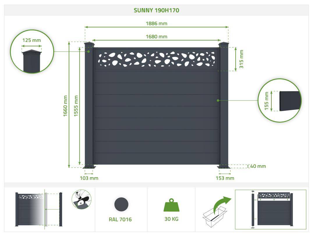 Casanoov Lot de 2 kits de clôture aluminium SUNNY H.170  cm - kits complet 3.8m - Image 2
