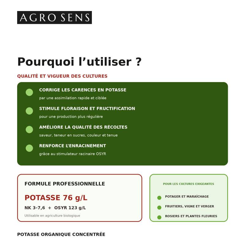 Potasse organique, formule liquide concentrée - Agro Sens - 500 ml (250 litres de préparation) - Image 2