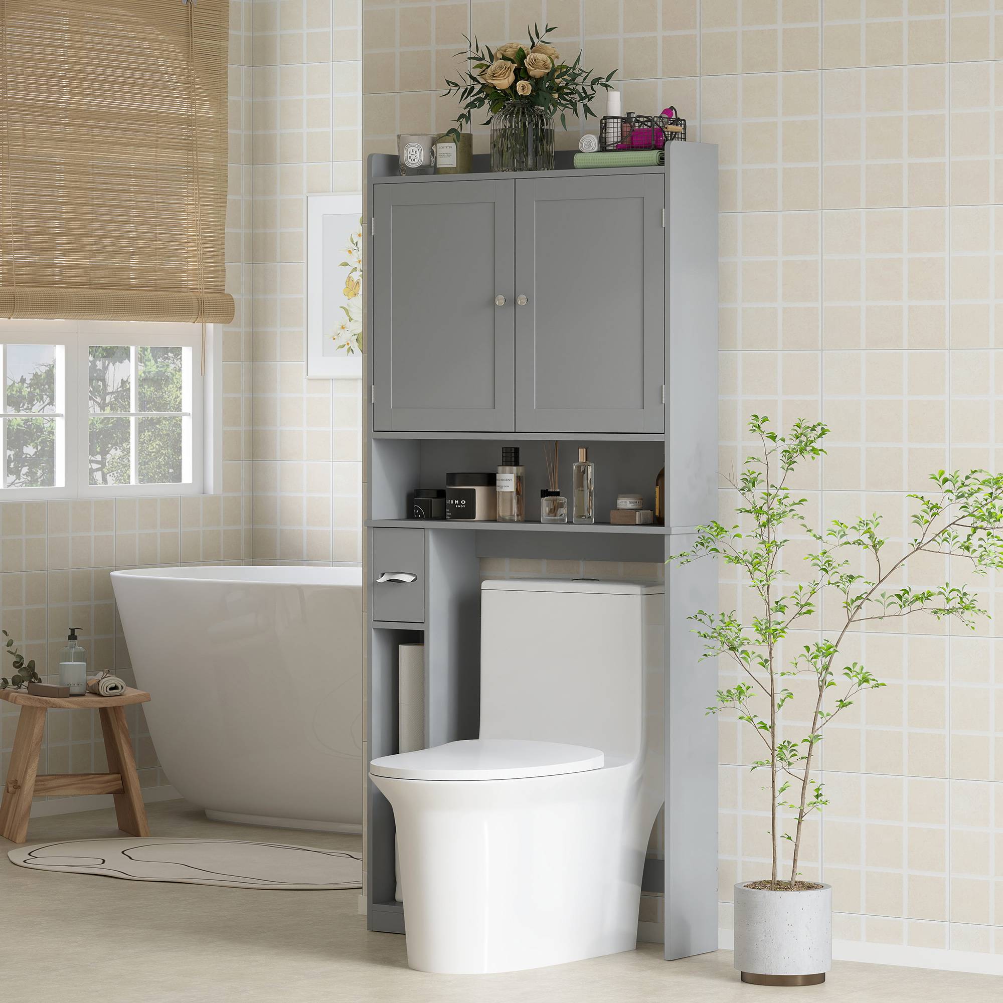 Sans Marque - Meuble WC dessus toilettes machine à laver 2 portes 3 compartiments porte-papier toilette 80x19,5x170cm gris - Image 3