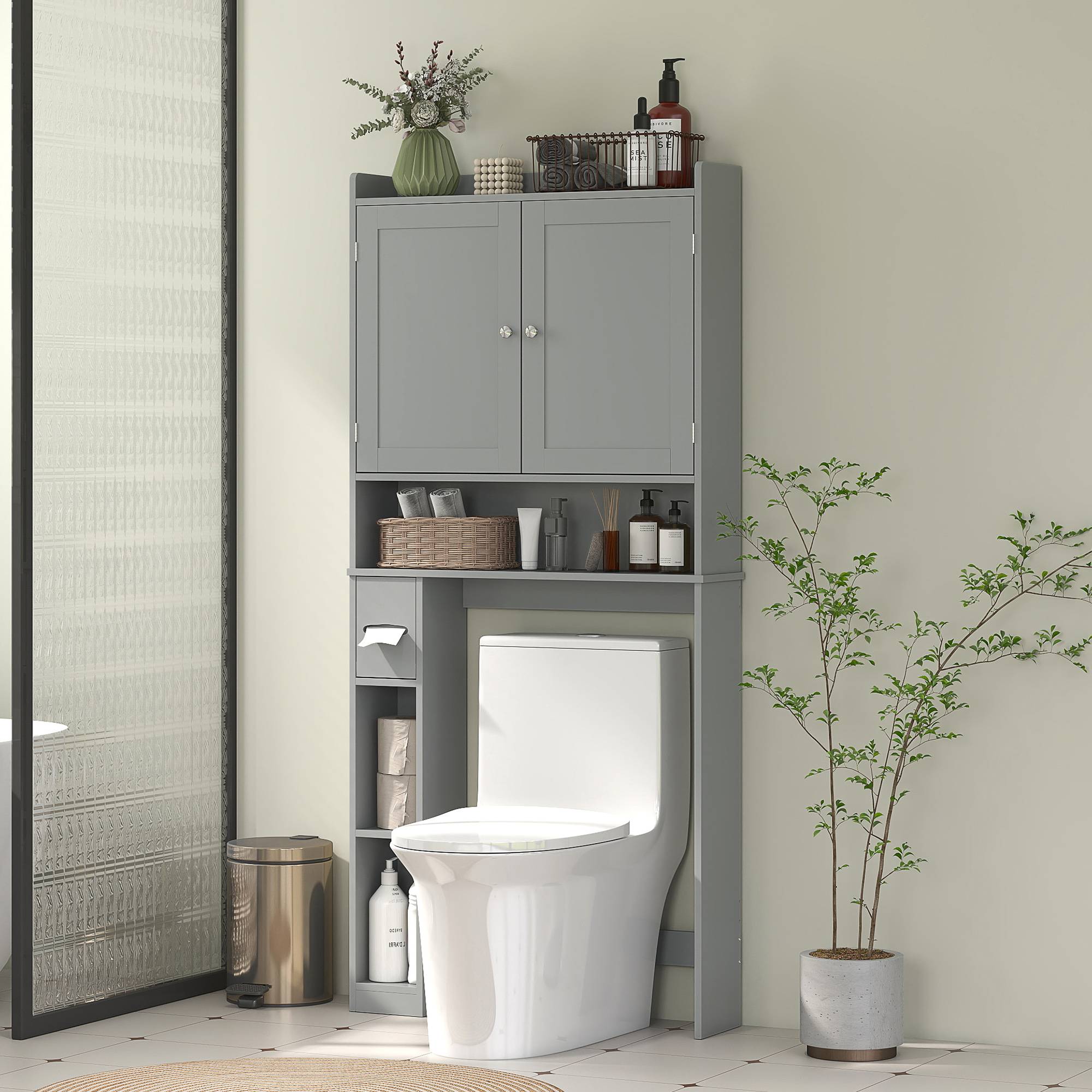 Sans Marque - Meuble WC dessus toilettes machine à laver 2 portes 3 compartiments porte-papier toilette 80x19,5x170cm gris - Image 4