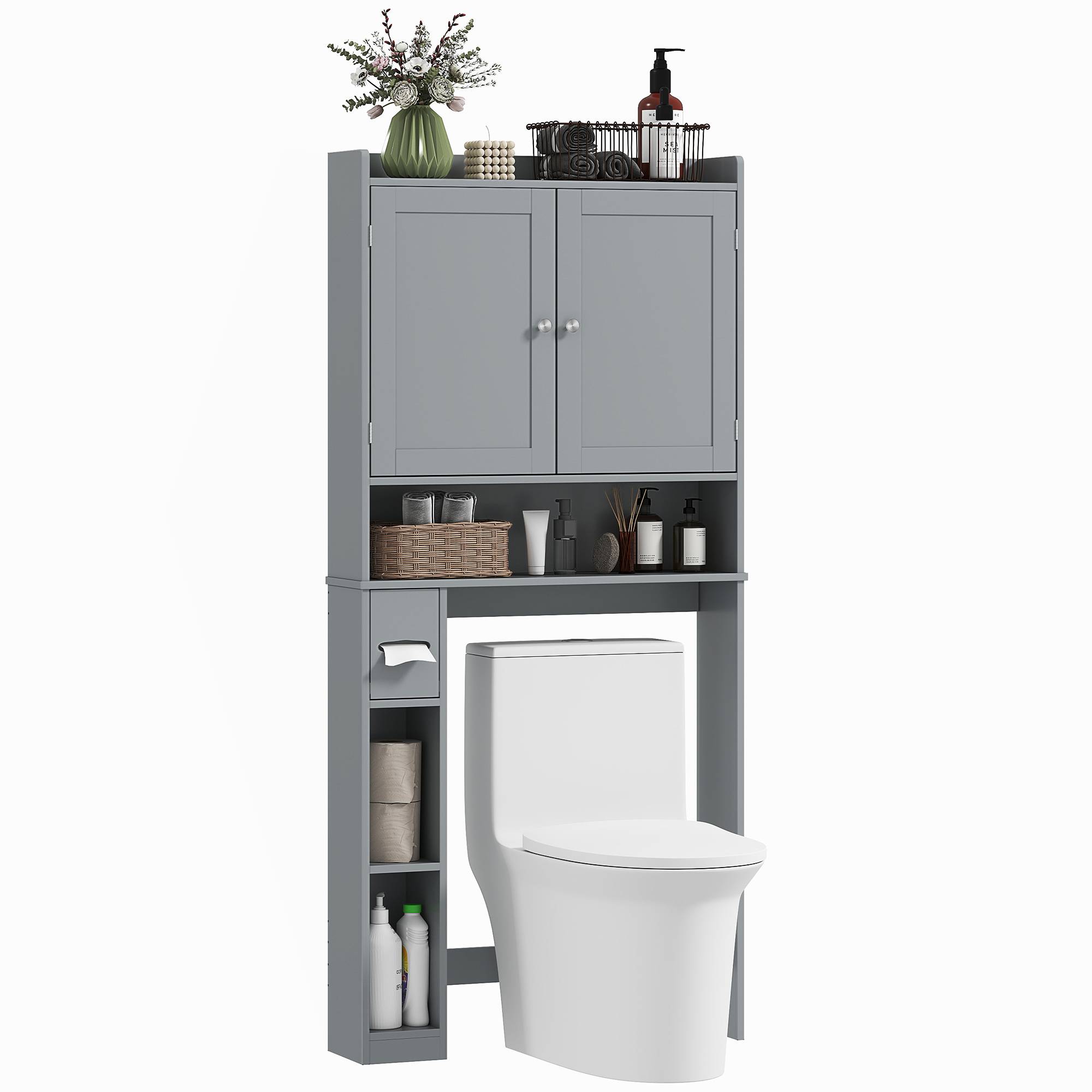 Sans Marque - Meuble WC dessus toilettes machine à laver 2 portes 3 compartiments porte-papier toilette 80x19,5x170cm gris - Image 1
