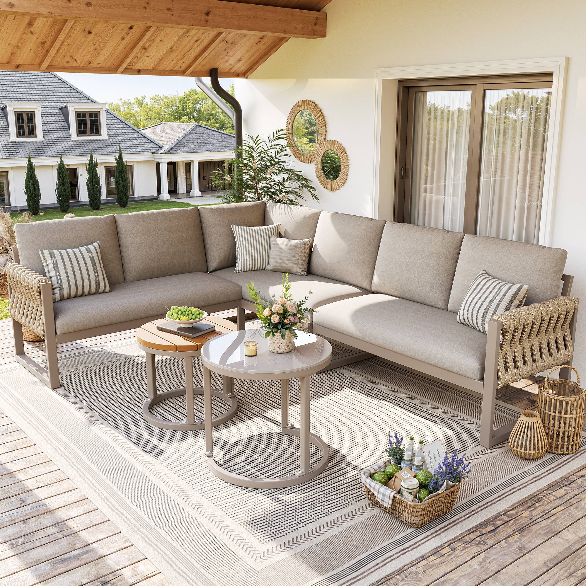 Salon de jardin pour 5-6 personnes avec pieds réglables, coussins imperméables et amovibles, tous les coussins sont inclus, beige - Image 1