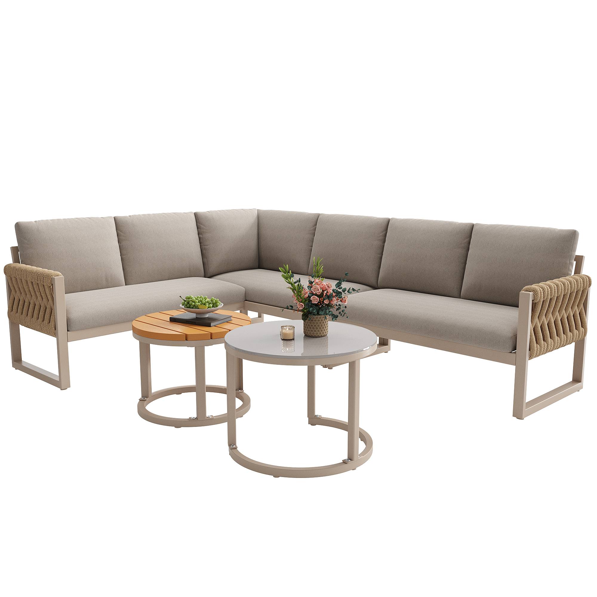 Salon de jardin pour 5-6 personnes avec pieds réglables, coussins imperméables et amovibles, tous les coussins sont inclus, beige - Image 5