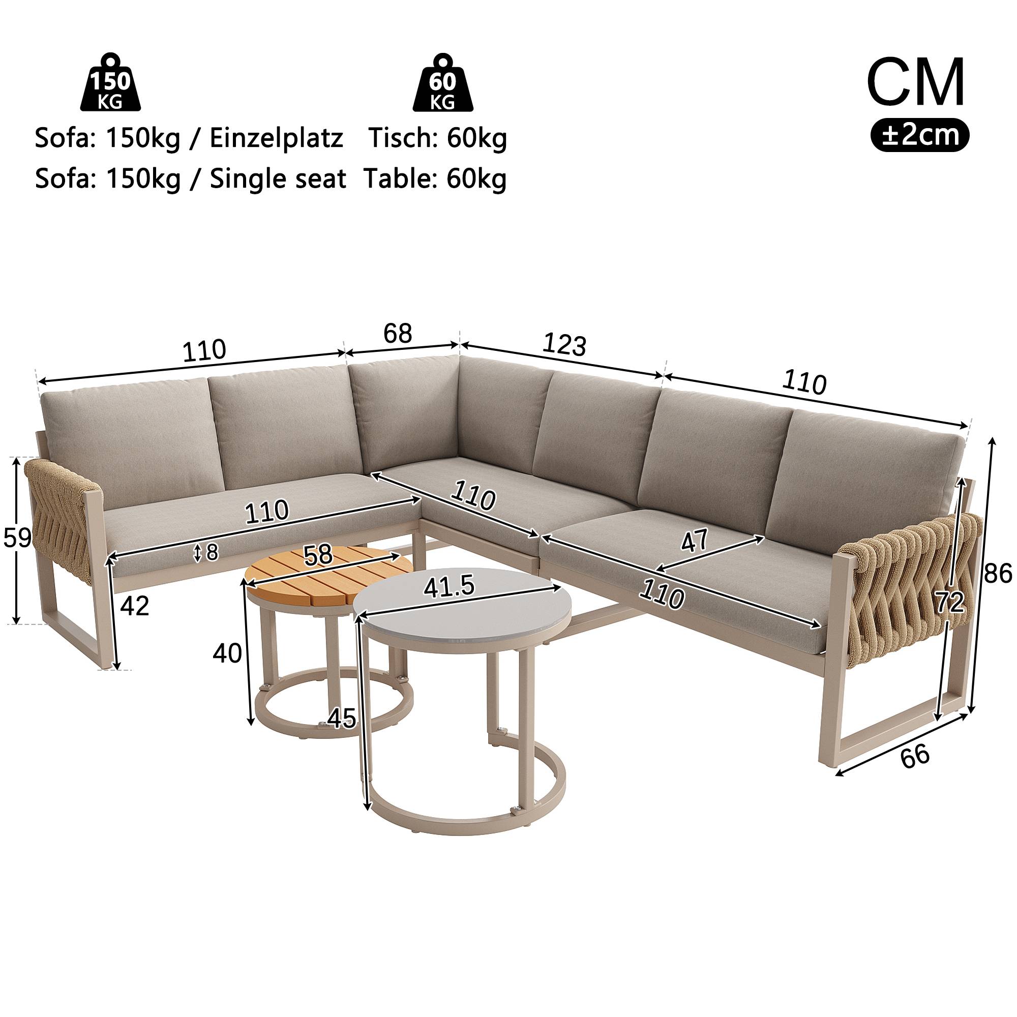 Salon de jardin pour 5-6 personnes avec pieds réglables, coussins imperméables et amovibles, tous les coussins sont inclus, beige - Image 4
