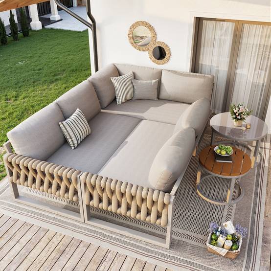 Salon de jardin pour 5-6 personnes avec pieds réglables, coussins imperméables et amovibles, tous les coussins sont inclus, beige - Image 3