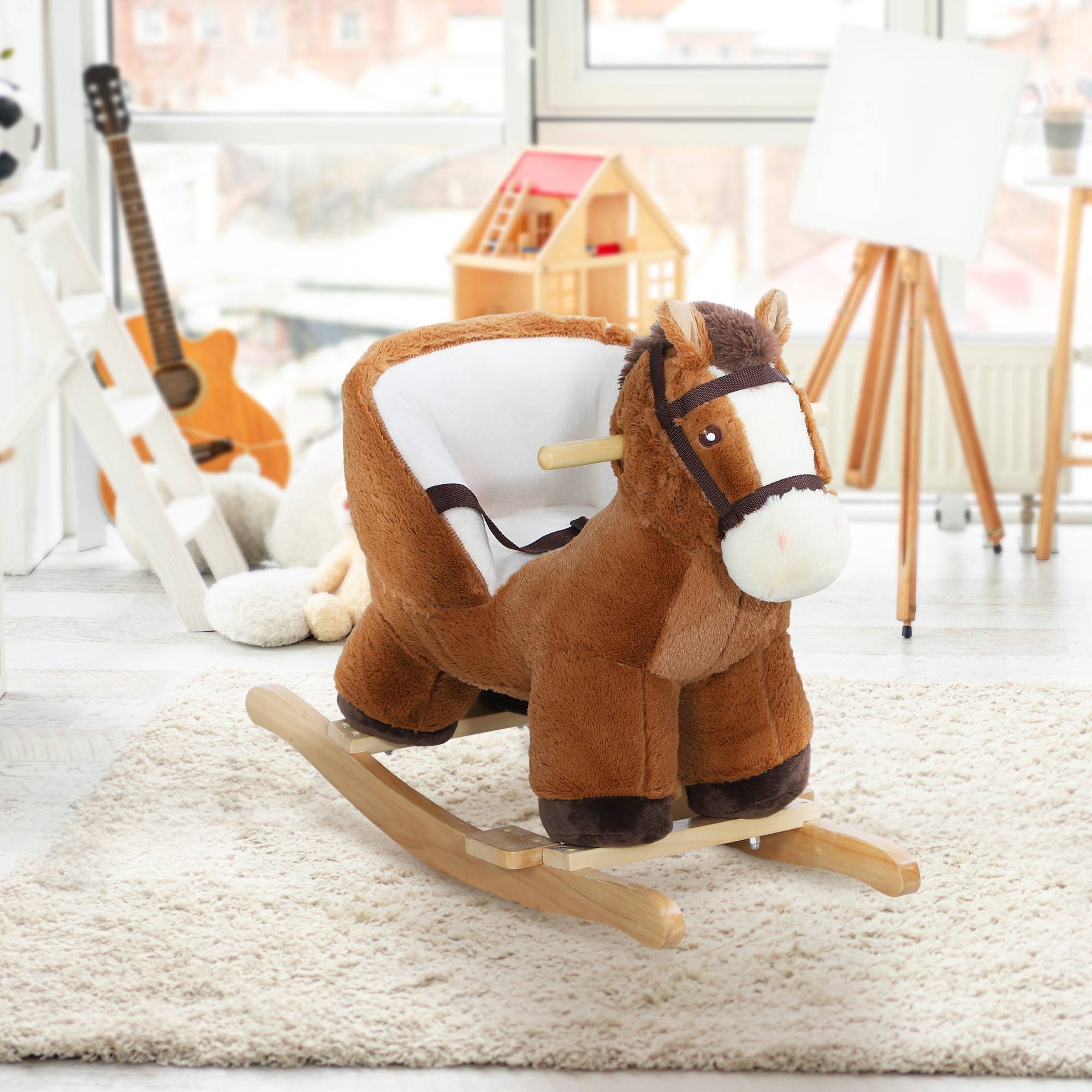 Cheval à bascule pour enfants jouet à bascule bébé de 18 à 36 mois avec effet sonore base en bois ceinture de sécurité - Image 4