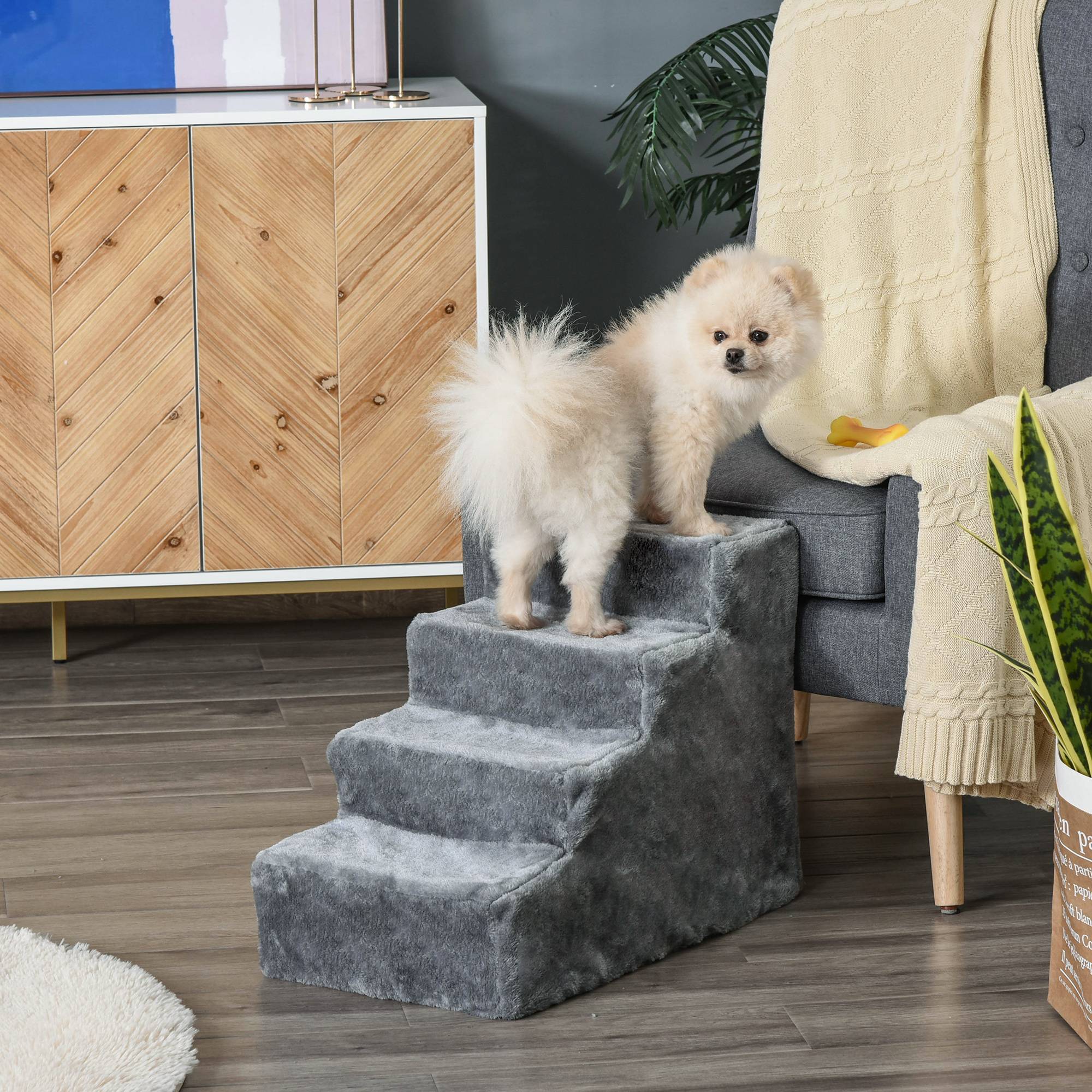 Sans Marque - Escalier 4 marches 44cm, housse lavable, petit chien, lit/canapé, gris clair - Image 3