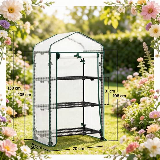 Serre de Balcon Acier et PE pour Semis 3 Étagères à Roulettes 70x50x130cm Blanc - ComfortXL Outdoor Living - Image 5
