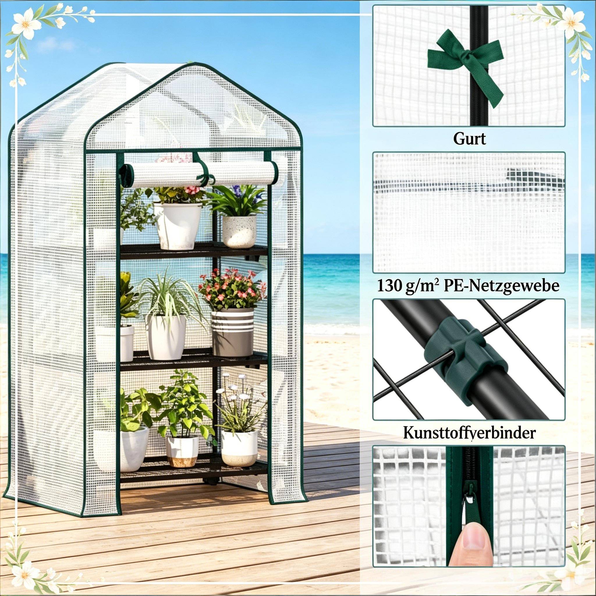 Serre de Balcon Acier et PE pour Semis 3 Étagères à Roulettes 70x50x130cm Blanc - ComfortXL Outdoor Living - Image 3