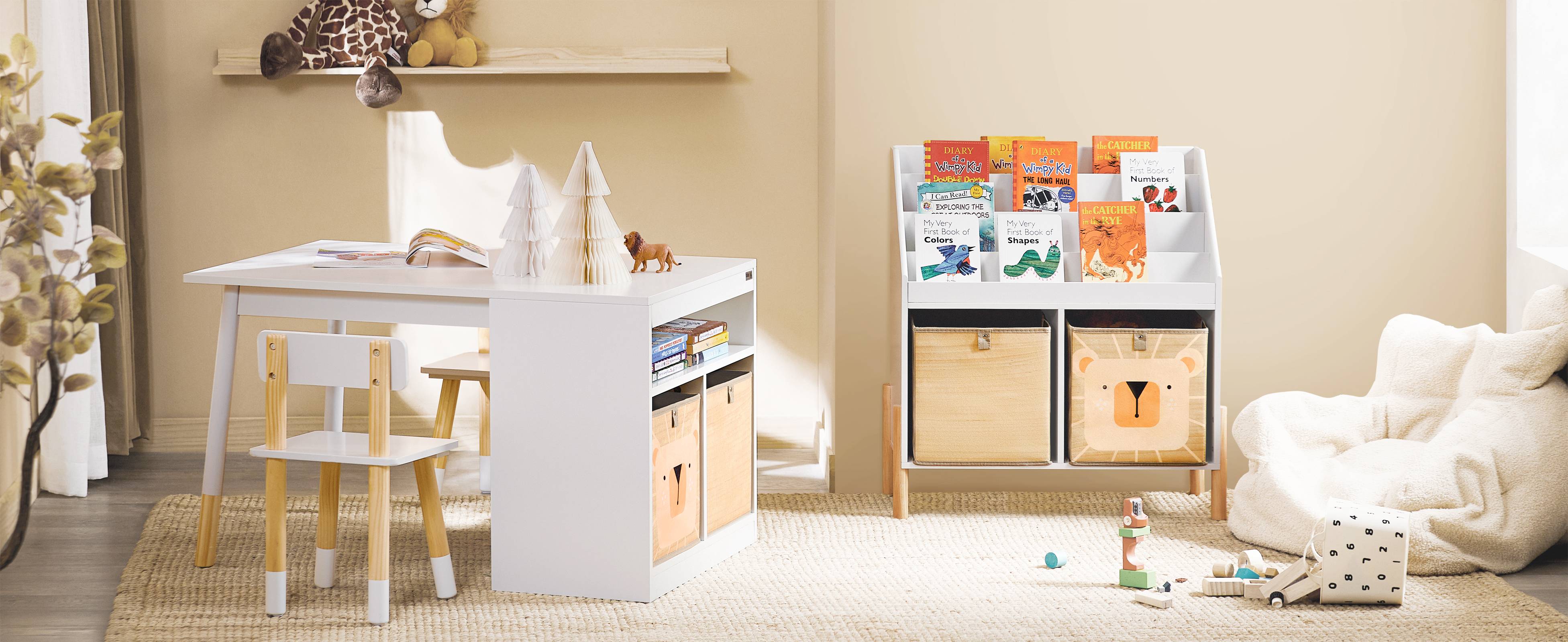 SoBuy Table Enfant avec 2 Chaises, Bureau d'Étude avec Surface à Dessiner, Compartiment de Rangement et 2 Boîtes, Blanc, KMB113-W - Image 2