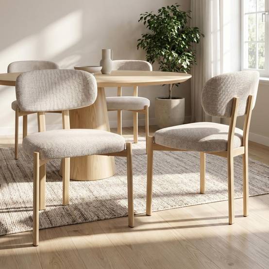Sicaan Lot de 4 chaises style scandinave tissu chenille beige pieds métal effet chêne – MIA - Image 1