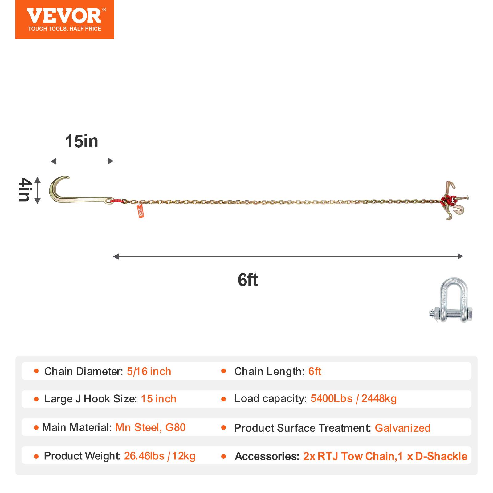 Vevor - VEVOR Lot de 2 chaînes de remorquage G80 8 mm x 180 cm, capacité 2 448 kg, crochets variés et manille, galvanisé pour dépannage et transport. - Image 6