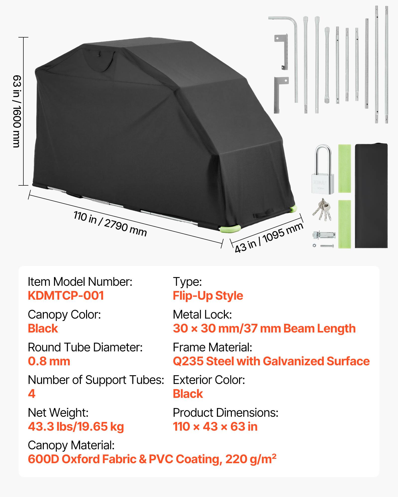 Vevor - VEVOR Abri Garage Moto Tente Garage Rabattable 279x109,5x160 cm avec Serrure - Image 7