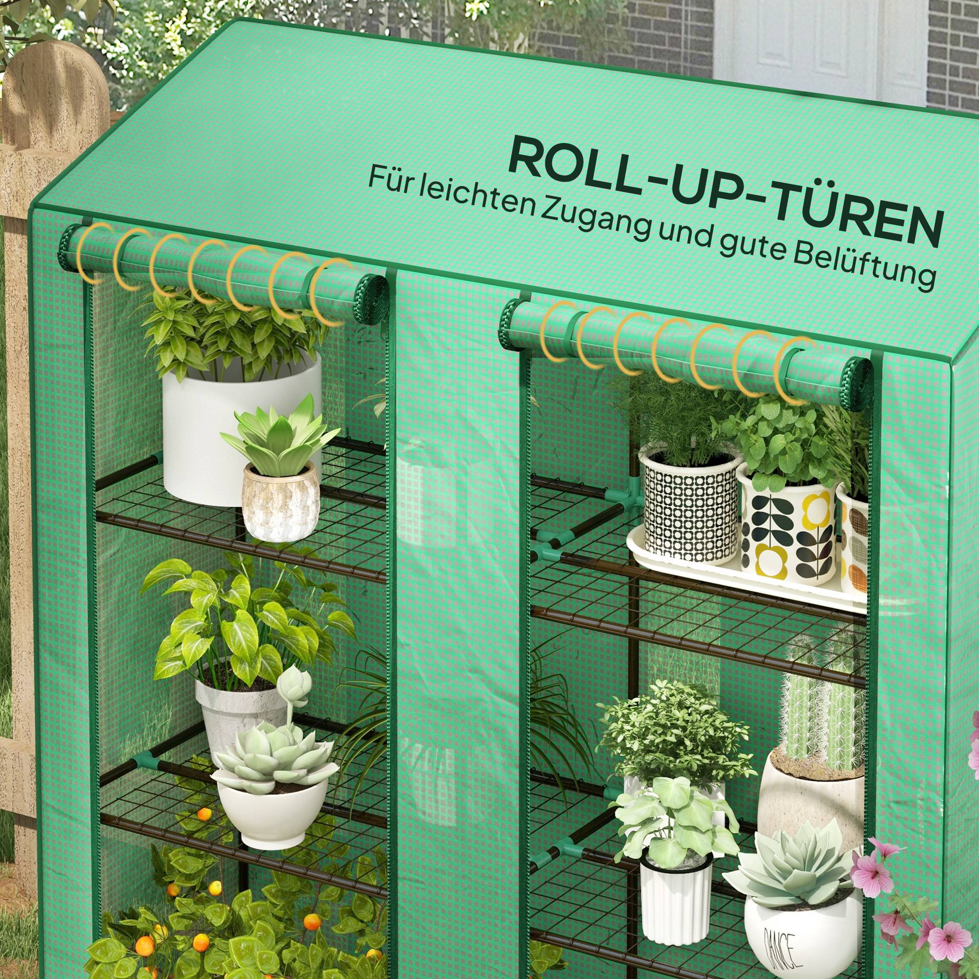 Serre de balcon acier PE 3 étages pour plantes avec housse renforcée 143x46x151cm vert - ComfortXL Outdoor Living - Image 8
