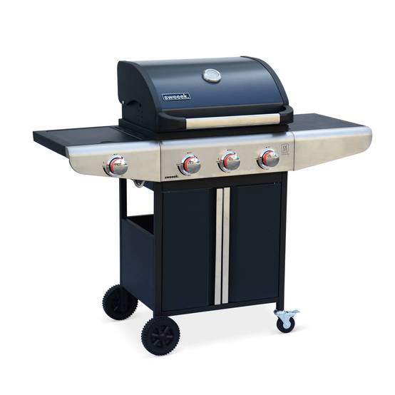 sweeek - Barbecue au gaz - Bazin 3 Gris anthracite - Cuisine extérieure 3 brûleurs + 1 feu latéral avec tablettes et thermomètre. rangement. roues | sweeek - Image 2