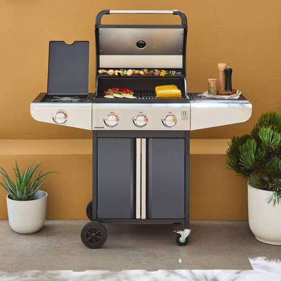 sweeek - Barbecue au gaz - Bazin 3 Gris anthracite - Cuisine extérieure 3 brûleurs + 1 feu latéral avec tablettes et thermomètre. rangement. roues | sweeek - Image 5