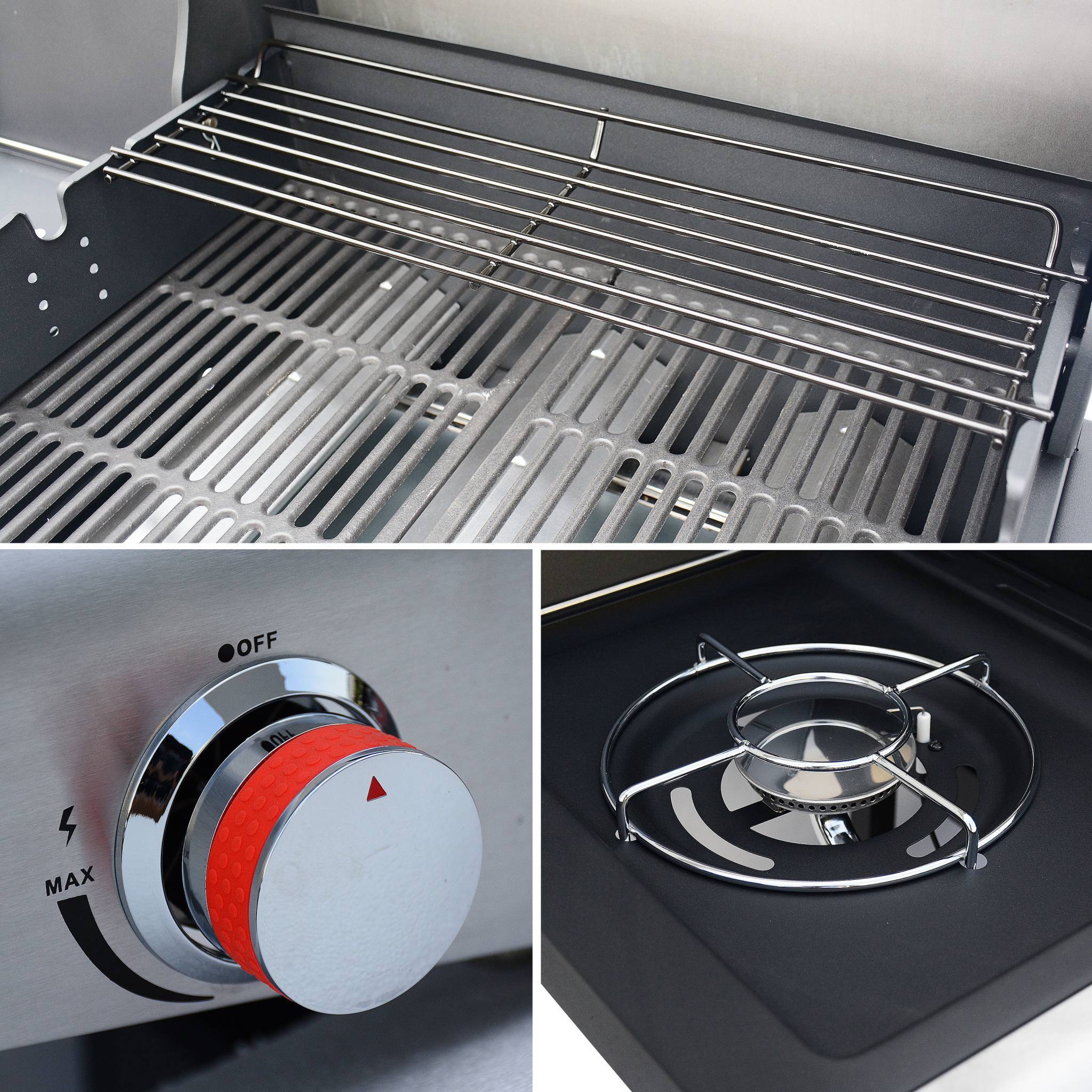 sweeek - Barbecue au gaz - Bazin 3 Gris anthracite -  Cuisine extérieure 3 brûleurs + 1 feu latéral avec tablettes et thermomètre. rangement. roues | sweeek - Image 6