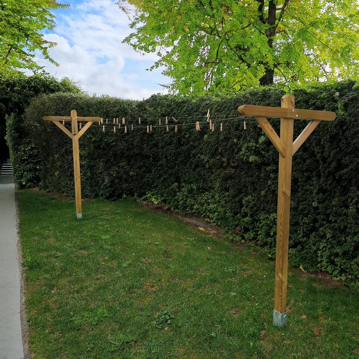Kit étendoir à linge extérieur bois Séville + 2 supports à enfoncer - Cémonjardin - Image 2