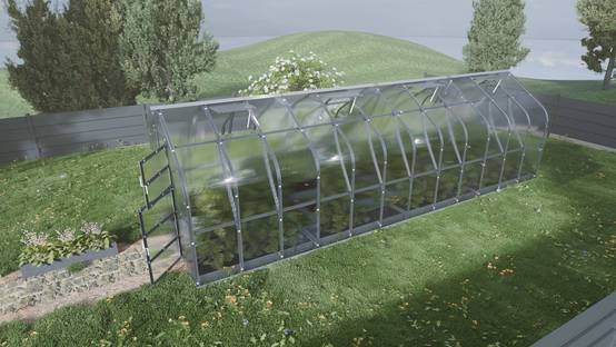 Serre KLASIKA Standard 20m2, 2,5m x 8m, 4 mm avec revêtement en polycarbonate (Avec 4 toits ouvrants automatiques) - Image 1