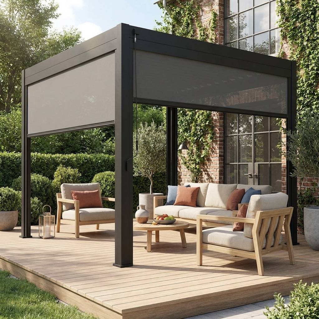 sweeek - Pergola bioclimatique aluminium Triomphe 3x3 m lames orientables avec 2 stores en aluminium et textilène anthracite | sweeek - Image 1