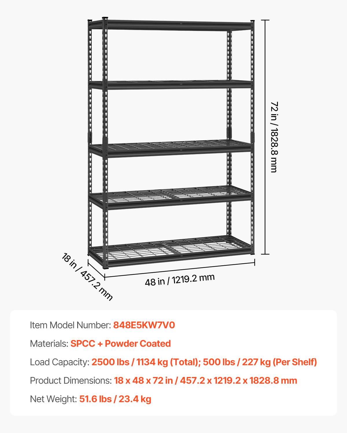 VEVOR Étagère rangement 1134kg, métal 5 niveaux, 457.2x1219.2x1828.8mm. - Image 7