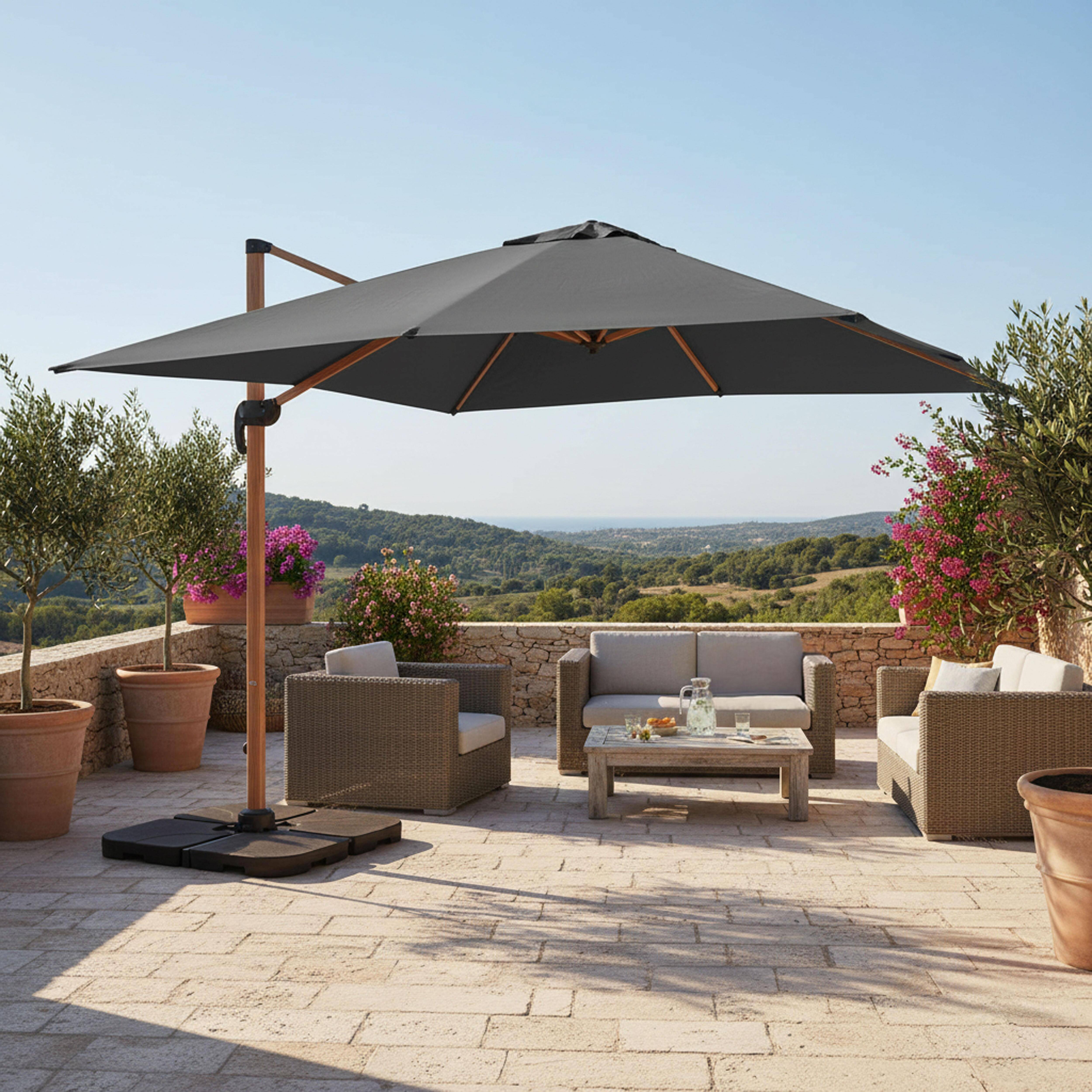 Oviala - Parasol déporté 3x3m et 4 dalles à remplir effet bois gris Brescia - Oviala - Image 2