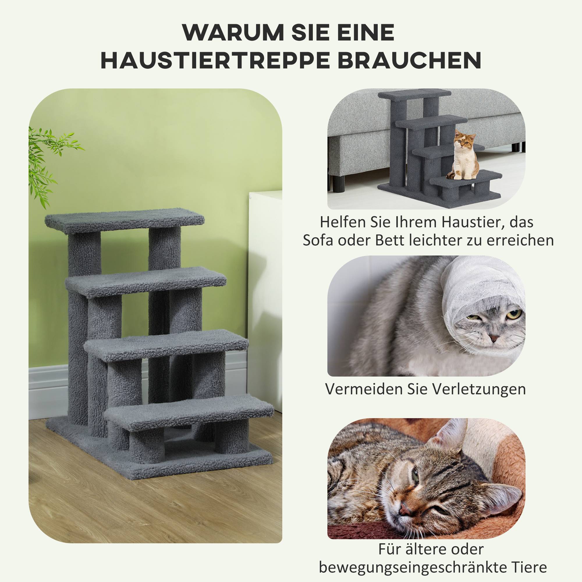 Escalier chat 4 marches, escalier chien, animaux, peluche, 61x41x60cm, gris - Image 7