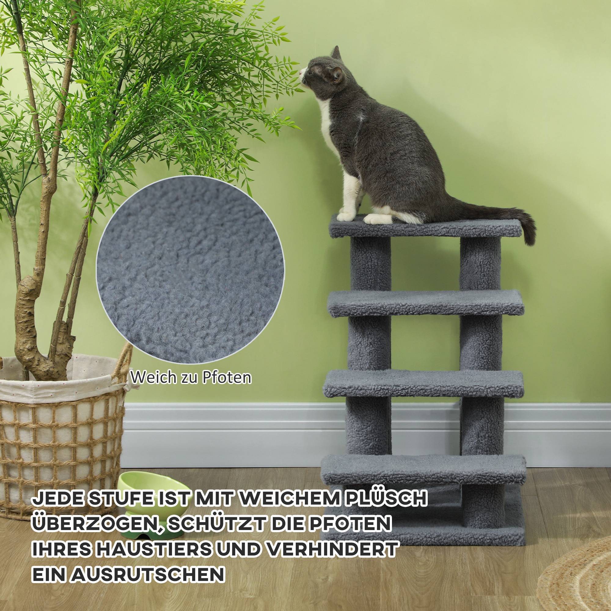 Escalier chat 4 marches, escalier chien, animaux, peluche, 61x41x60cm, gris - Image 6