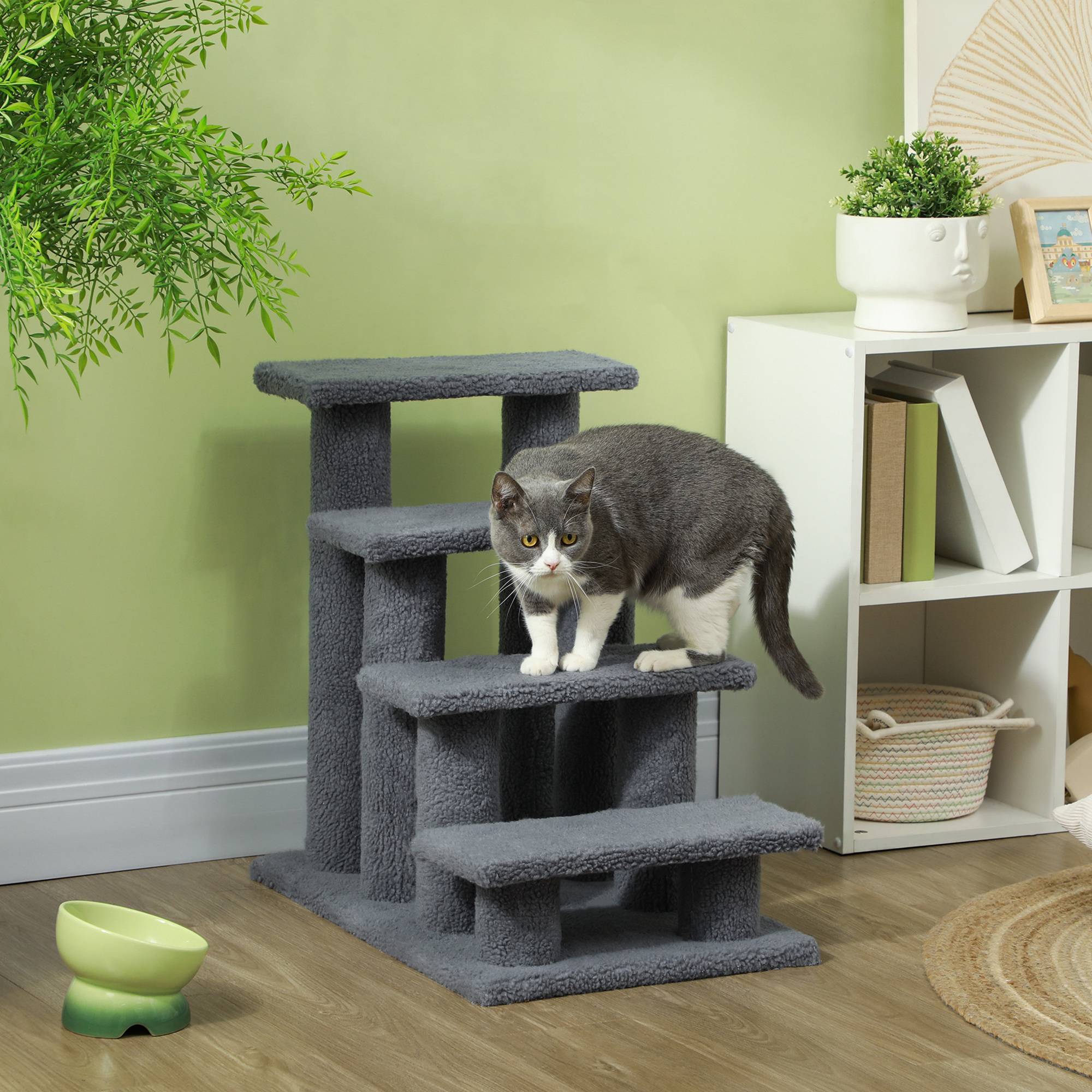 Escalier chat 4 marches, escalier chien, animaux, peluche, 61x41x60cm, gris - Image 3
