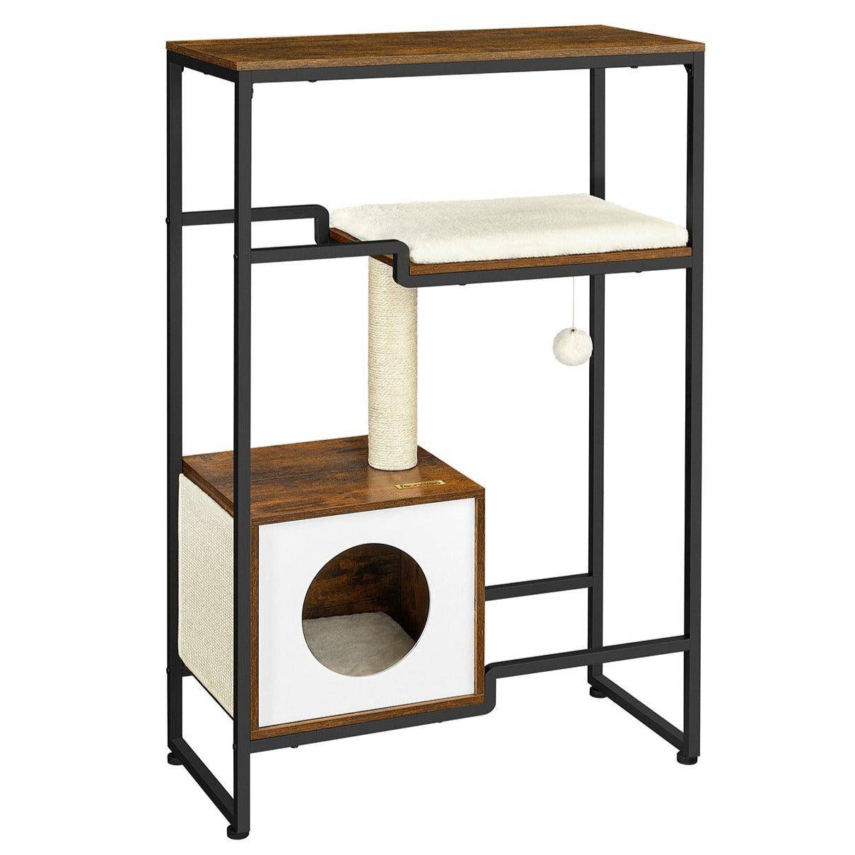 Arbre à chat maison niche gain de place 114 cm marron rustique - Image 1
