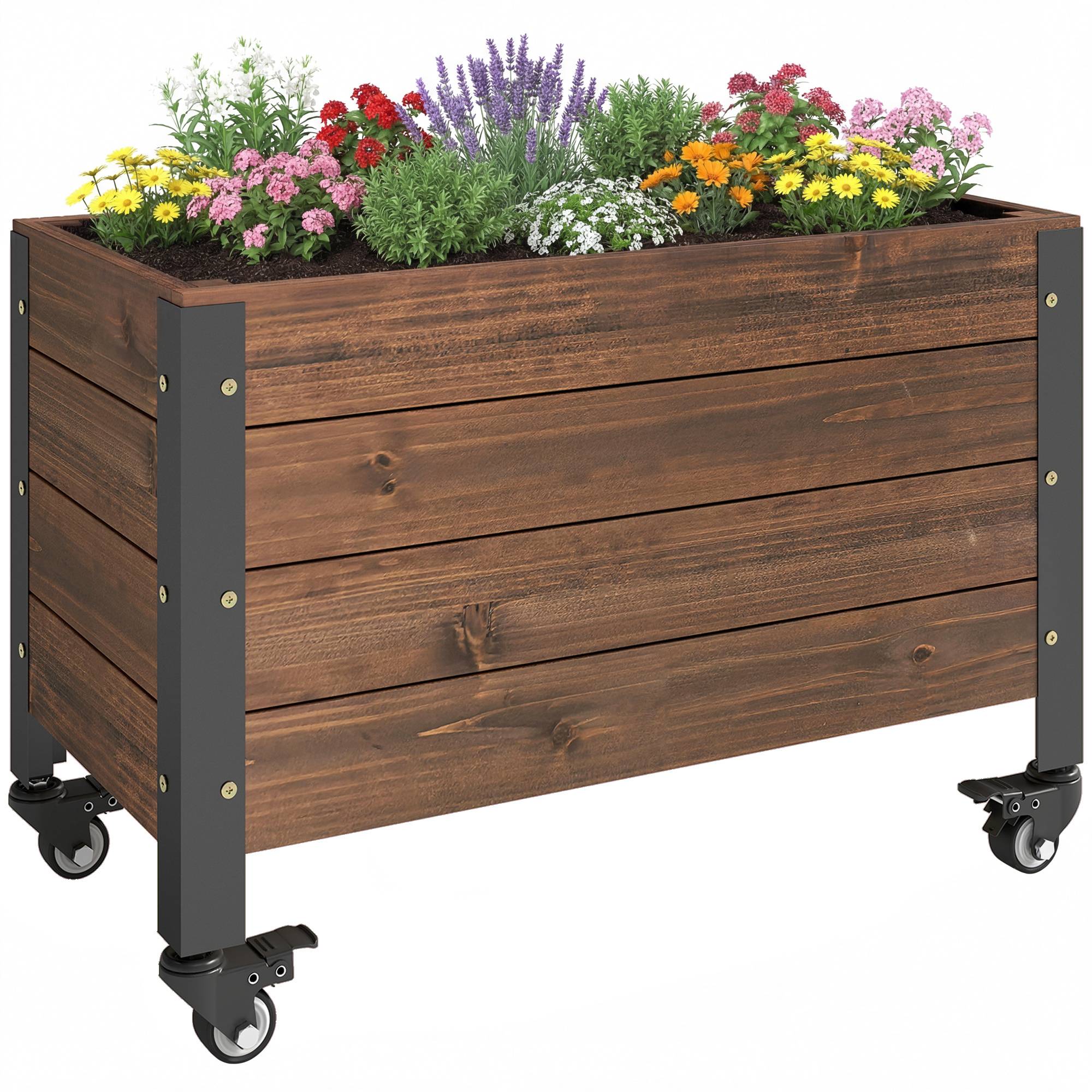 Jardinière surélevée roulettes bois sapin terrasse mobilité facile 60x30x41cm - ComfortXL Outdoor Living - Image 1