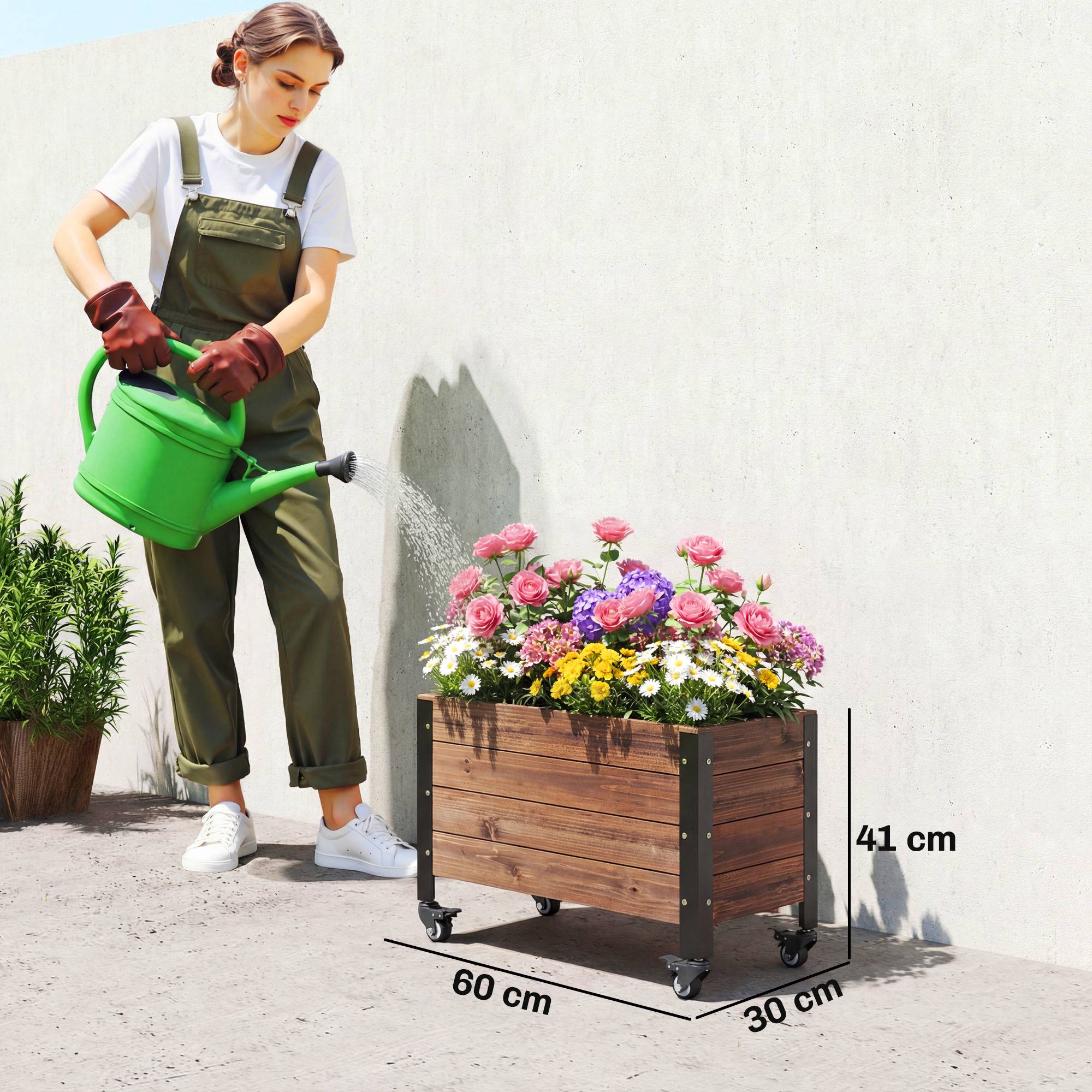 Jardinière surélevée roulettes bois sapin terrasse mobilité facile 60x30x41cm - ComfortXL Outdoor Living - Image 5