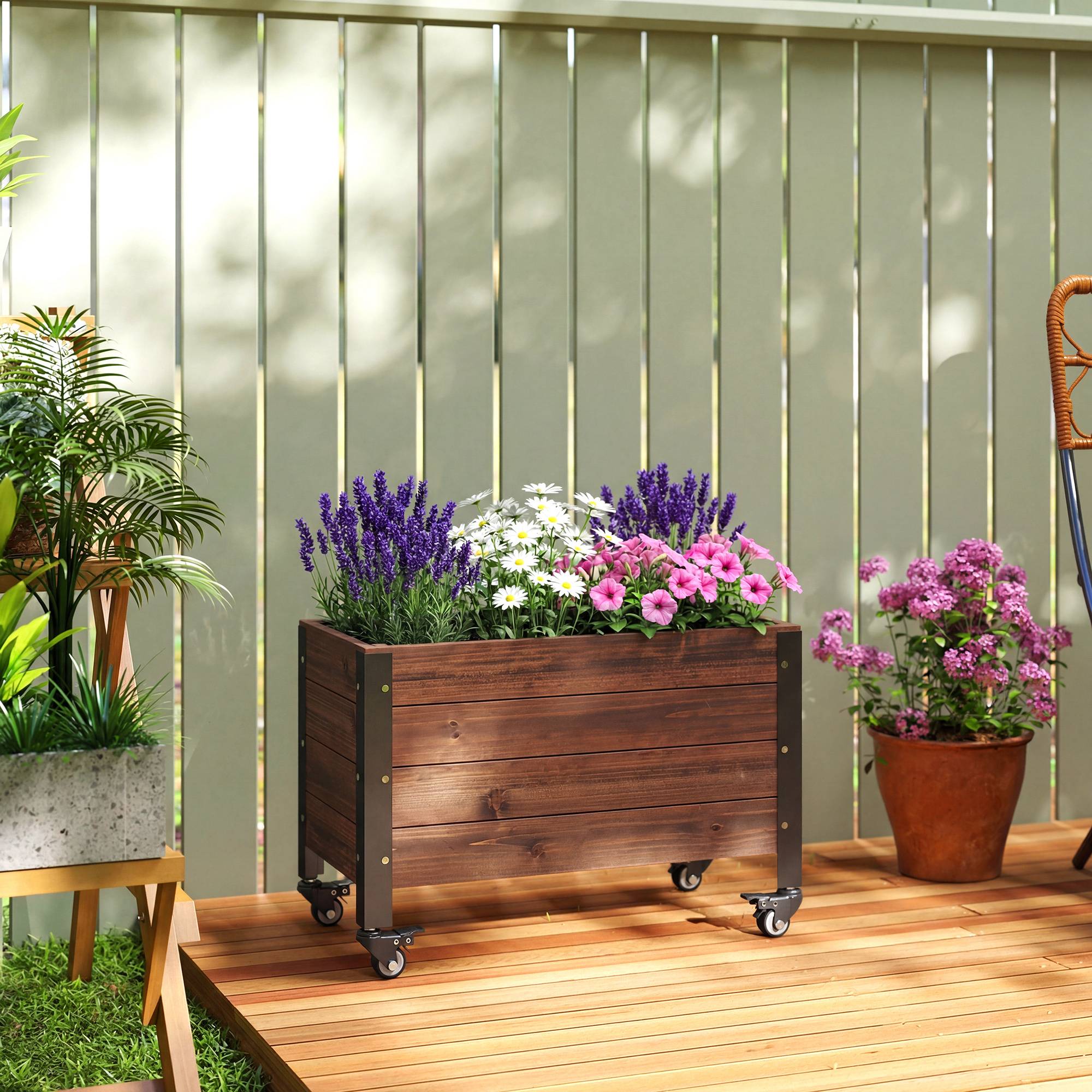 Jardinière surélevée roulettes bois sapin terrasse mobilité facile 60x30x41cm - ComfortXL Outdoor Living - Image 4
