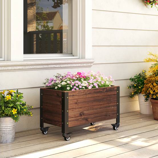 Jardinière surélevée roulettes bois sapin terrasse mobilité facile 60x30x41cm - ComfortXL Outdoor Living - Image 3