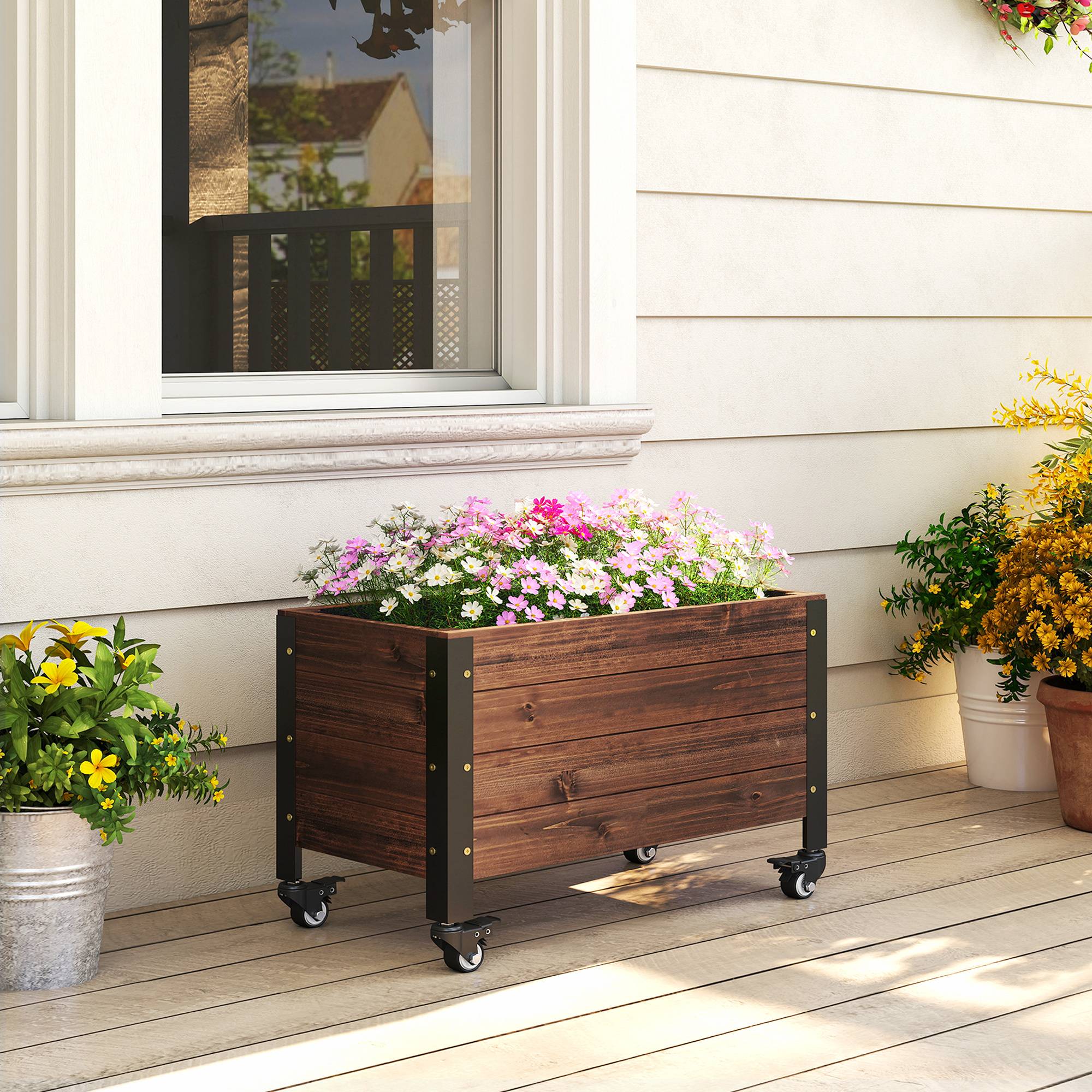 Jardinière surélevée roulettes bois sapin terrasse mobilité facile 60x30x41cm - ComfortXL Outdoor Living - Image 3