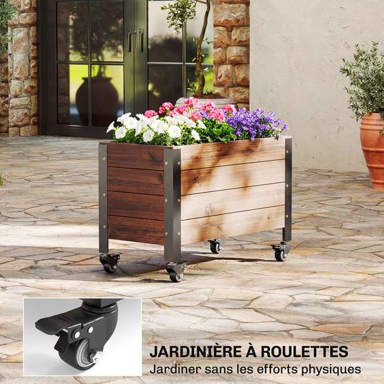 Jardinière surélevée roulettes bois sapin terrasse mobilité facile 60x30x41cm - ComfortXL Outdoor Living - Image 6
