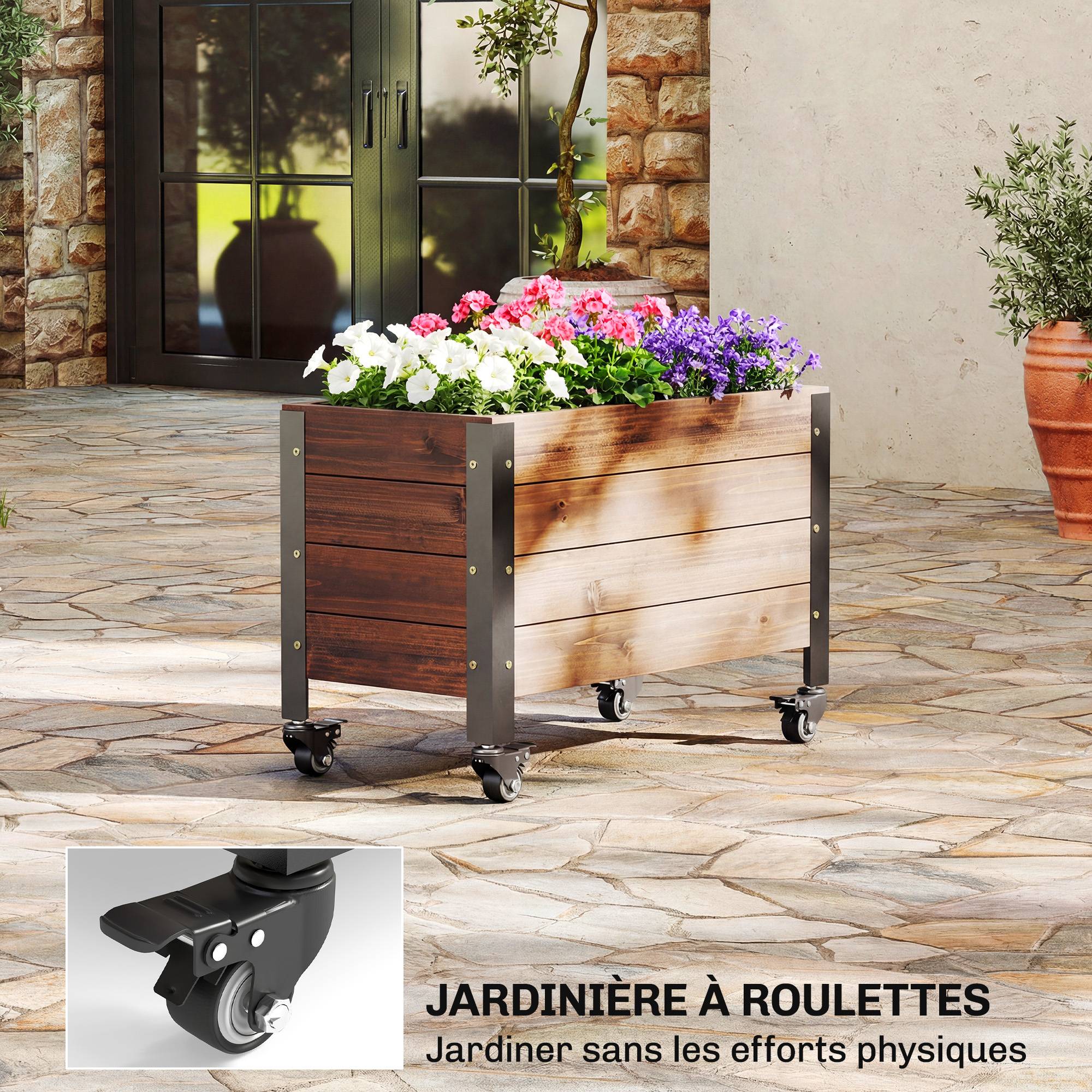 Jardinière surélevée roulettes bois sapin terrasse mobilité facile 60x30x41cm - ComfortXL Outdoor Living - Image 6