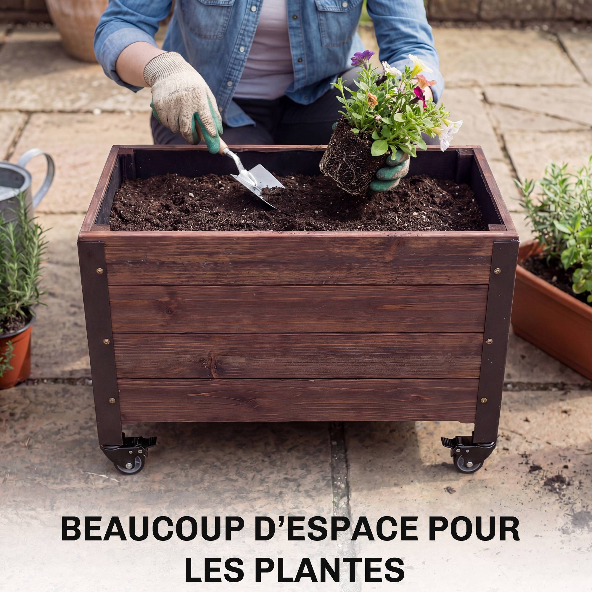 Jardinière surélevée roulettes bois sapin terrasse mobilité facile 60x30x41cm - ComfortXL Outdoor Living - Image 7