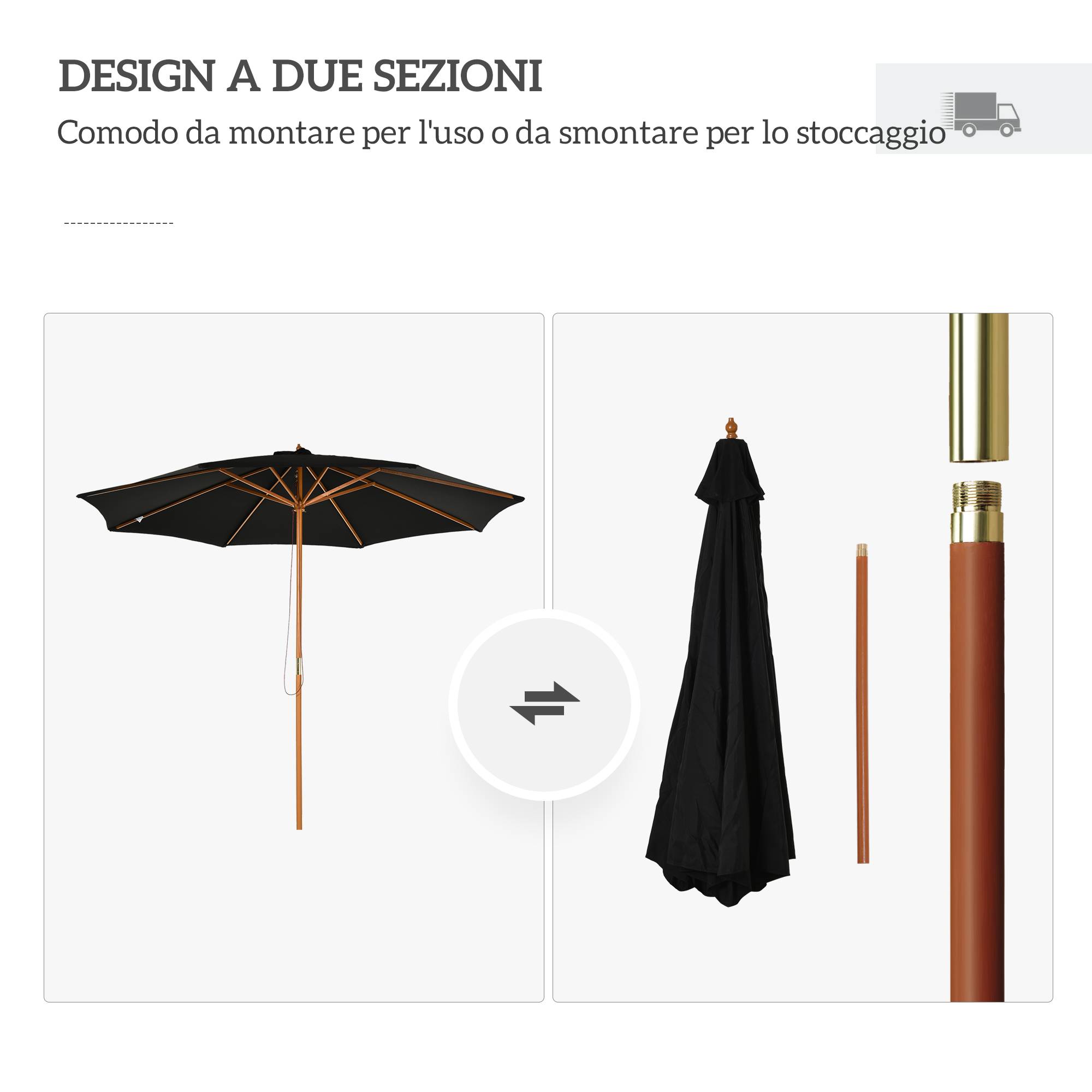 Parasol de jardin de 3 m avec mât en bois, 8 baleines et toile en polyester, noir - Image 9