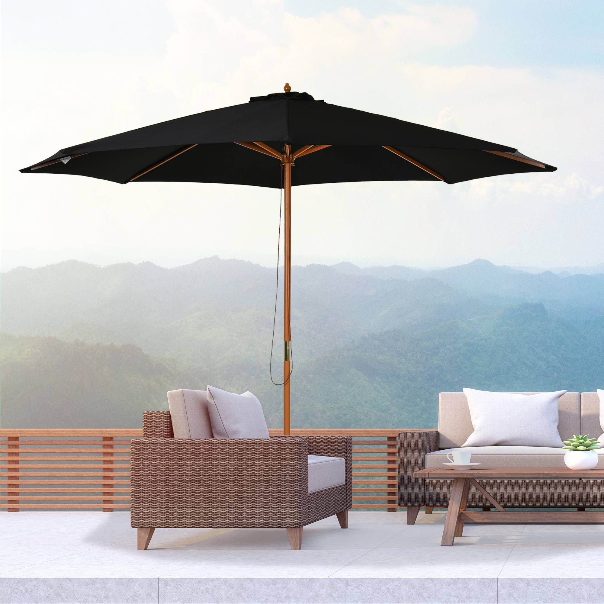Parasol de jardin de 3 m avec mât en bois, 8 baleines et toile en polyester, noir - Image 3